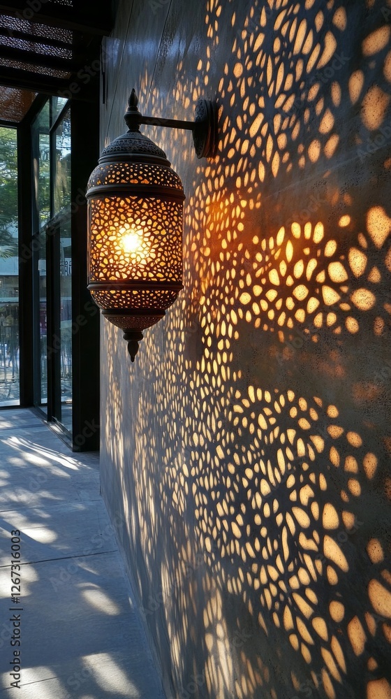 Poster a beautifully crafted lantern illuminates a wall, casting intricate patterns of light and shadow. th