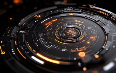 A futuristic, abstract design featuring circular patterns with glowing orange elements against a dark background.