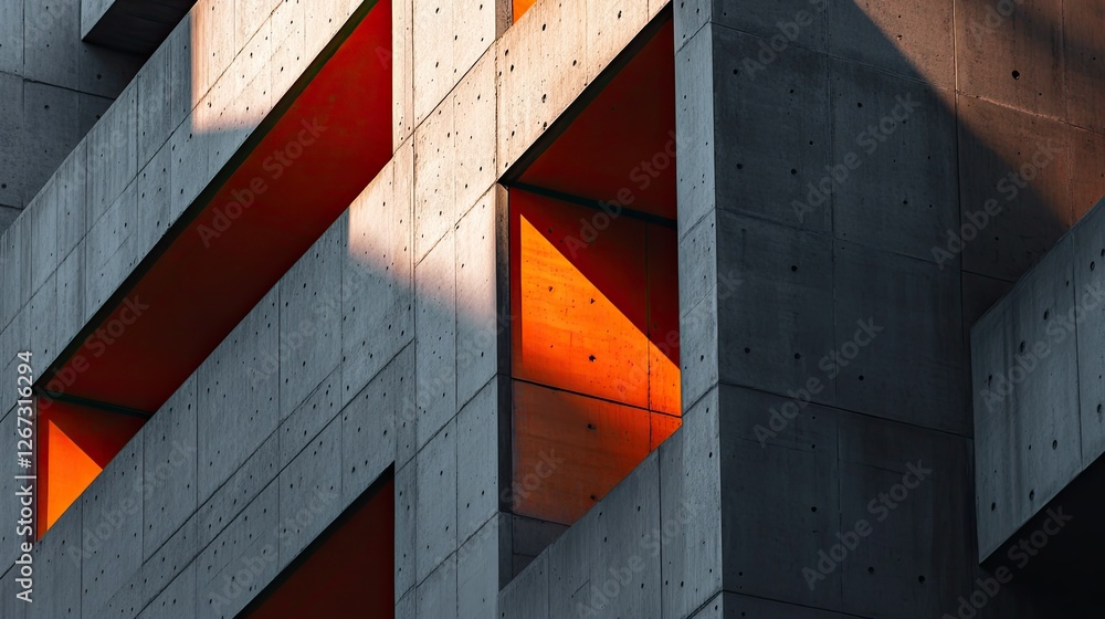 Poster close-up of geometric building elements with angular gray planes and bold orange corners, light refl