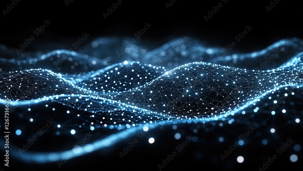 Aufkleber exploring network visualization: abstract data waves flowing dynamically across the digital landscap