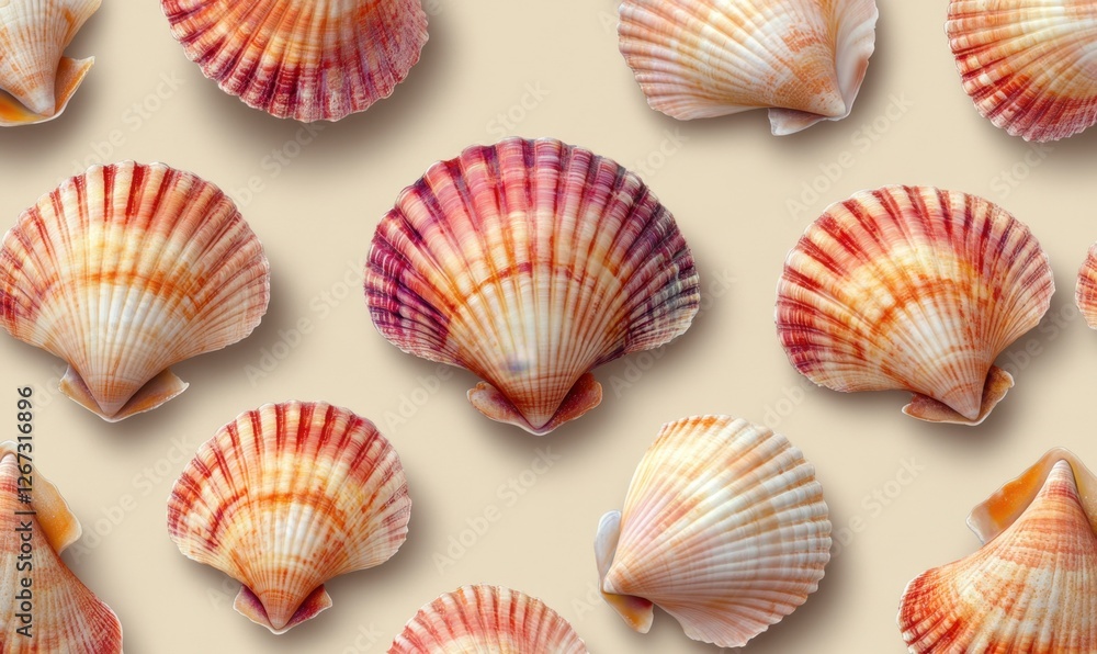 Wall mural A vibrant arrangement of scallop shells showcasing their intricate patterns and colors on a soft background, perfect for marine-themed projects