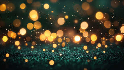 Golden bokeh lights on dark green background for festive St Patrick's Day celebration