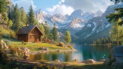 Fototapeta premium Idyllic mountain lake cabin in tranquil scenery - - ai