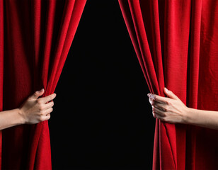 hands reaching out behind red curtains on black background