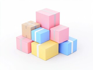 Obraz premium A colorful arrangement of gift boxes stacked in various sizes, featuring pastel shades and decorative ribbons.