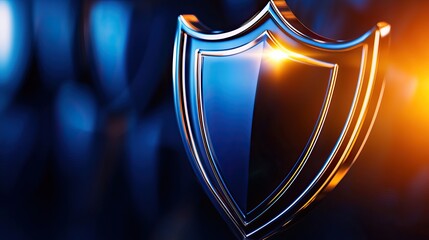 A glossy, metallic shield emblem against a blue background, symbolizing protection, security, and strength.