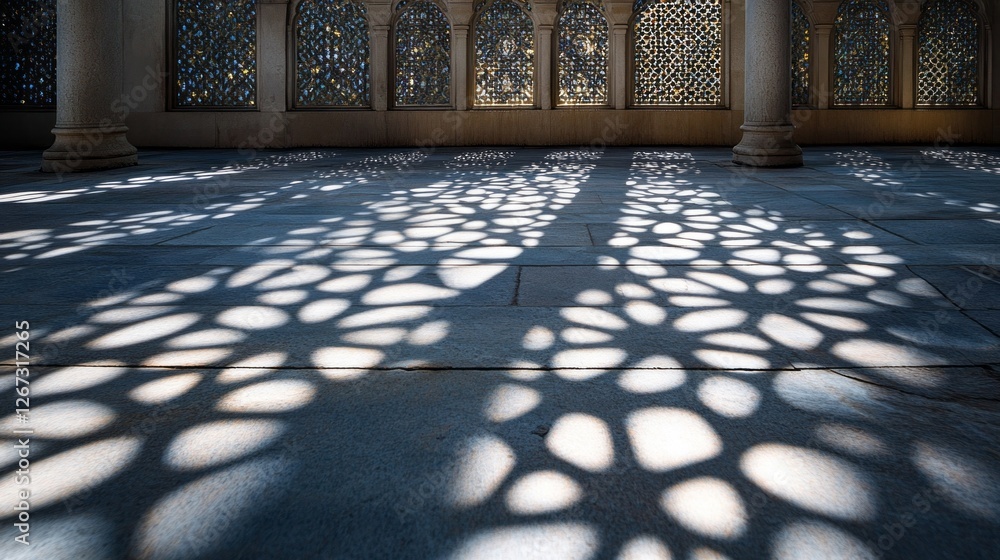 Poster soft light filters through ornate windows, casting beautiful, intricate shadows on the stone floor. 