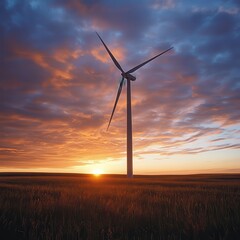 Obraz premium Sunset Over a Horizontal Wind Turbine in a Manitoba Field: A Countryside Scene Embracing Clean Energy