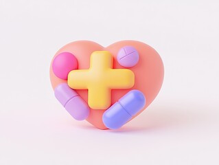 Obraz premium A colorful heart-shaped design featuring various pills and a medical cross, symbolizing health and wellness.