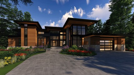 Fototapeta premium Contemporary European home exterior with wooden cladding, floor-to-ceiling windows, and a minimalist design for a sleek architectural look
