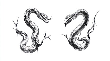 Fototapeta premium Two Snakes facing each other, in an ink drawing, on white, suitable for book illustration
