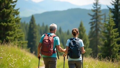 group of couple mature people,  walking through a scenic natural landscape at the sunny day very happy