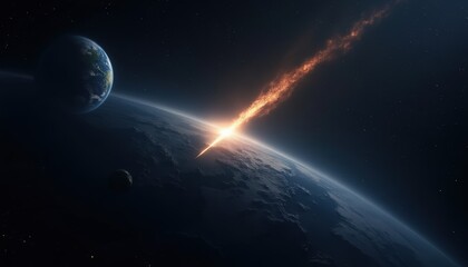 Earth with a large meteor approaching.glowing slightly from the heat of entering the atmosphere.