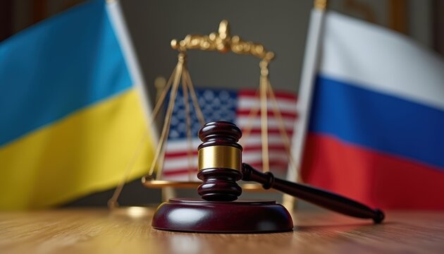 Ukrainian flag on the left and Russian flag on the right lying on table, in the middle above is hat with U.S. flag, gavel lying on table and justice scale