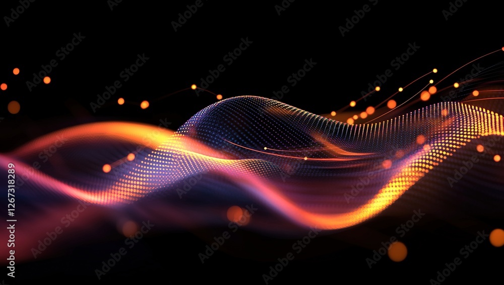 Poster abstract waves of light: dynamic particle flow in vibrant hues, evoking digital energy and modern ae
