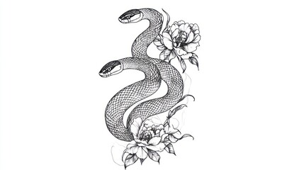 Two snakes with flowers, black and white line art, tattoo design