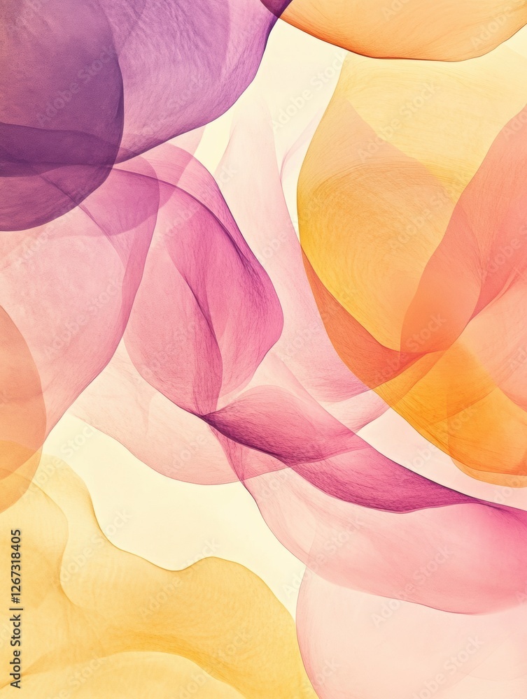 Poster abstract composition of flowing colors blending together in soft gradients with hues of purple, oran