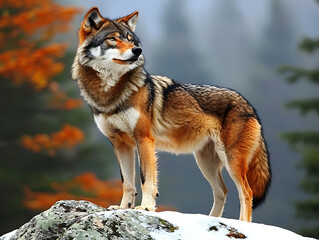 Fototapeta premium Majestic red wolf standing proudly on a snowdusted rock, autumnal backdrop. Symbolizing freedom, wildness, and strength.