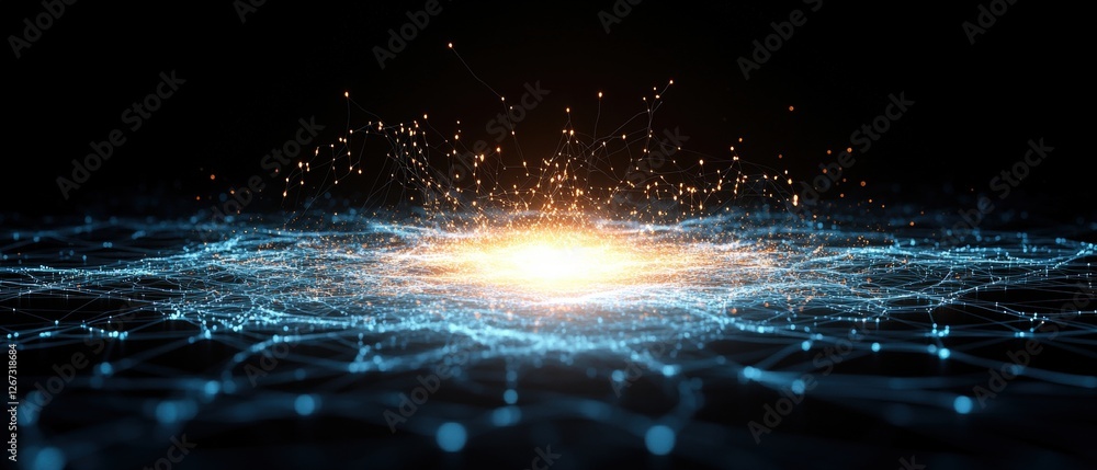 Poster network of glowing lights and sparks with an increasing market stock graph chart on a dark backgroun