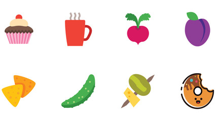 Food and fruits vector icon set for children stories and coloring books