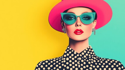 Vibrant Vintage Pop Art Portrait with Retro Hat and Sunglasses