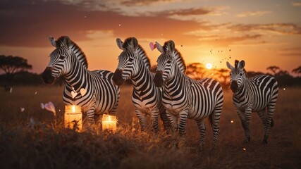 Four zebras standing in a sunset landscape with candles, creating a serene atmosphere.