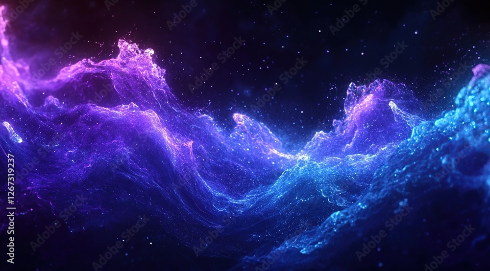 Poster abstract cosmic nebula: glowing purple and blue particles flow dynamically across dark space, creati
