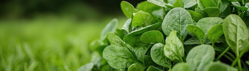 Obraz premium Fresh Green Spinach Leaves Close-Up on Lush Grass Background Captured in Natural Outdoor Setting