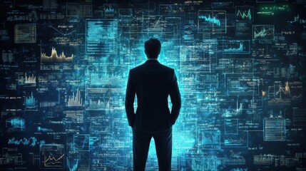 Business Professional Analyzing Financial Data with Technology Background