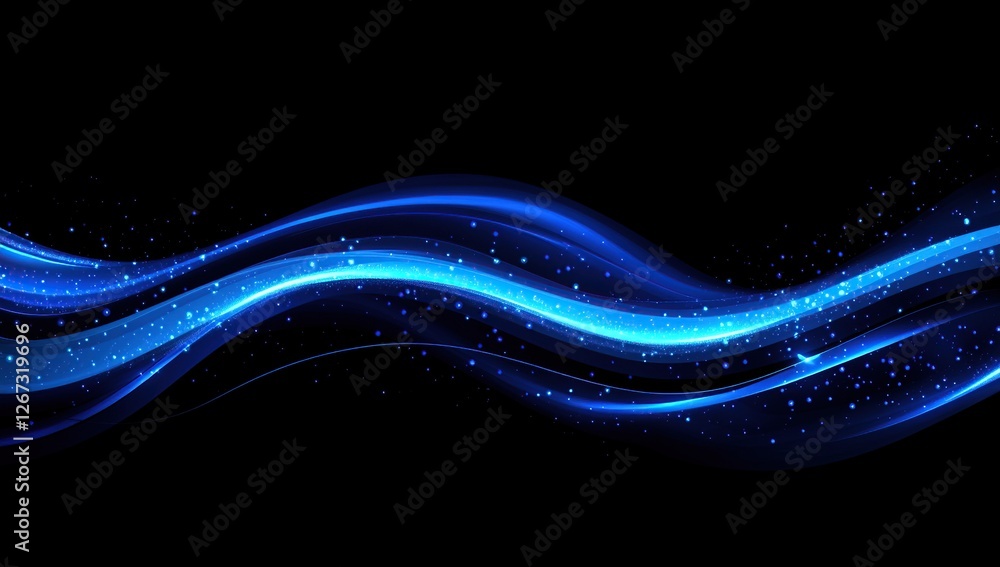 Poster abstract blue glowing waves flow dynamically across black background with sparkling particles: digit