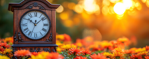 Antique clock in a sundrenched garden, showcasing the beauty of time passing amidst autumnal blooms.  A perfect metaphor for cherished memories and the fleeting nature of seasons.