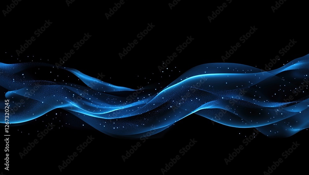 Poster blue glowing abstract waves flowing dynamically across dark background with sparkling dust