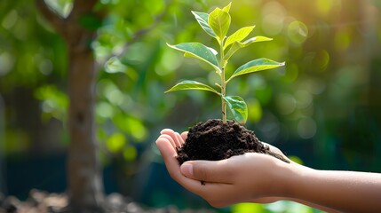 Hands Gently Holding a Young Green Plant with Soil Against a Bright Sunny Background