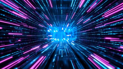 Abstract digital tunnel with glowing lines.