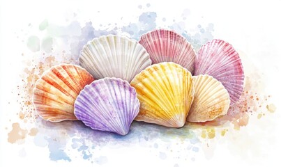 A vibrant collection of seashells in various colors arranged artistically with a soft watercolor background