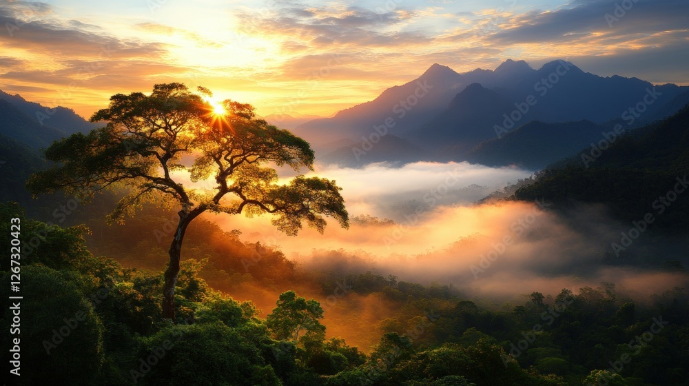 Poster tree in the center of a dense forest with sunlight filtering through the canopy of leaves and branch