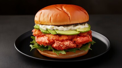 Golden Crispy Lobster Burger with Fresh Vegetables and Creamy Sauce