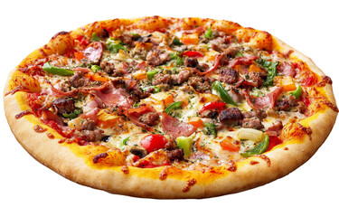  A slightly steaming pizza with meat and vegetables, isolated on a transparent background (2)