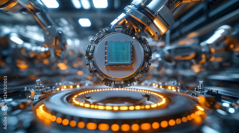 Poster robotic arm placing cpu in factory