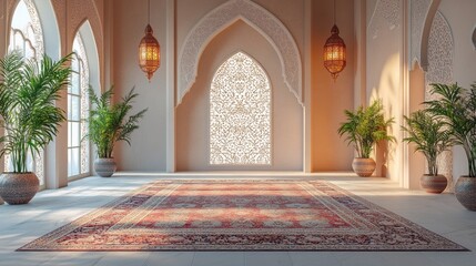 A tranquil private prayer room adorned with intricate patterns and lush greenery invites contemplation during Ramadan. Soft lighting highlights the ornate arches, creating a serene oasis
