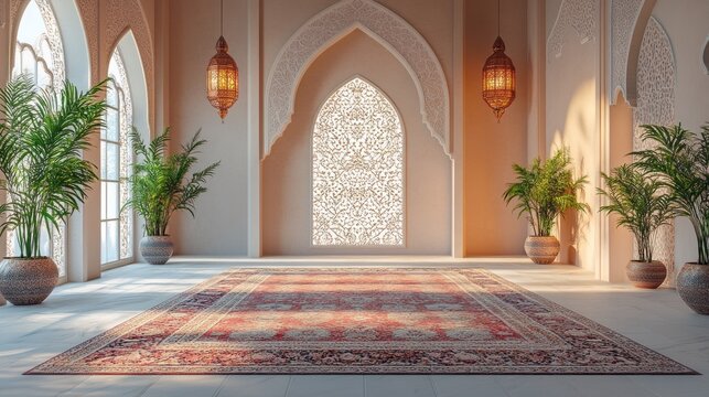 A tranquil private prayer room adorned with intricate patterns and lush greenery invites contemplation during Ramadan. Soft lighting highlights the ornate arches, creating a serene oasis