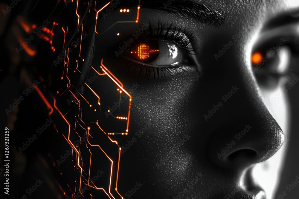 Aufkleber Human face merging with glowing circuits creating a striking visual of technology and identity. Generative AI