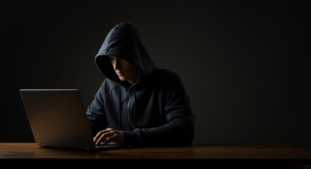 ** Hacker at Laptop: Cyber Security, Dark Web Threat & Online Crime - Privacy Breach, Data Theft & Digital Safety Concerns
