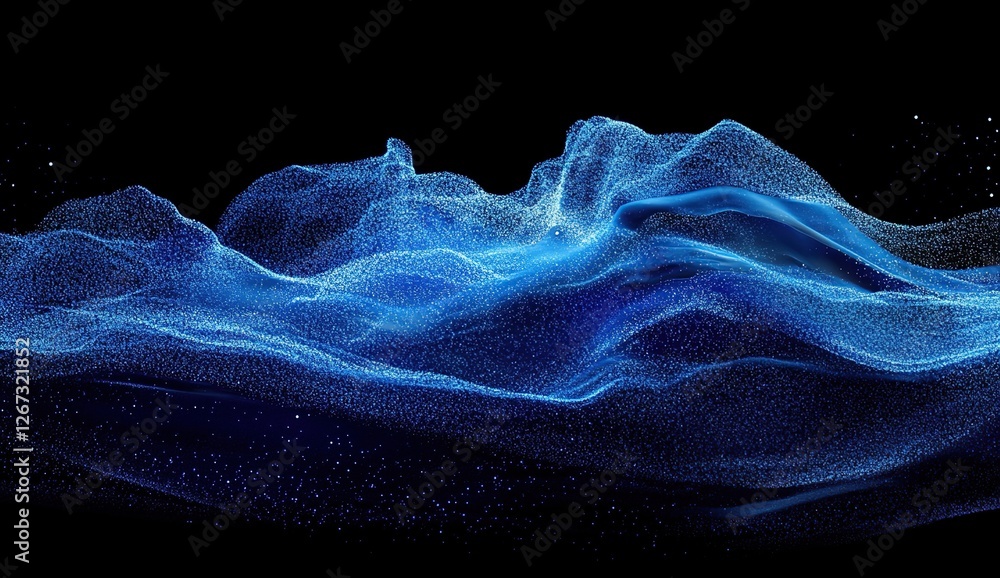 Poster abstract blue particle waves flowing dynamically across screen with glowing effect