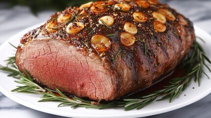 Perfectly Roasted Whole Leg of Lamb Garnished with Fresh Garlic