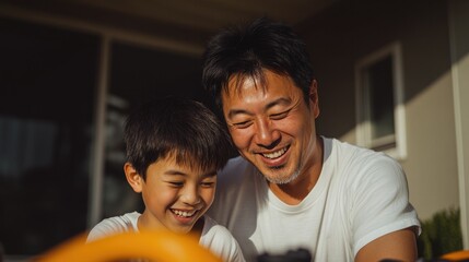Joyful moments captured between father and son, sharing laughter