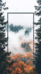 Soft colors blend seamlessly in this artistic text box, showcasing a breathtaking view of autumn's brilliance surrounded by fog and encased by lush evergreen trees in a tranquil forest setting