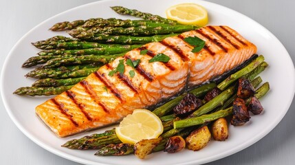 Grilled Salmon Fillet with Asparagus and Lemon Slices on Plate