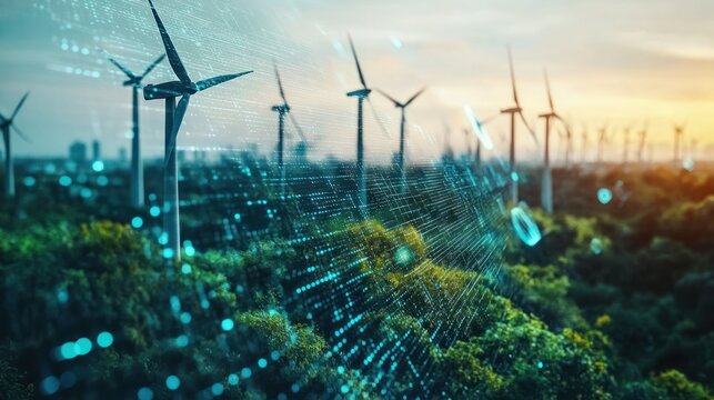 Wind turbines sunset aerial view, green energy, data overlay, renewable energy, environmental sustainability