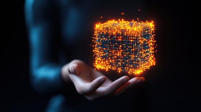 Person holding a glowing cube in hands representing virtual technology and metaverse concept